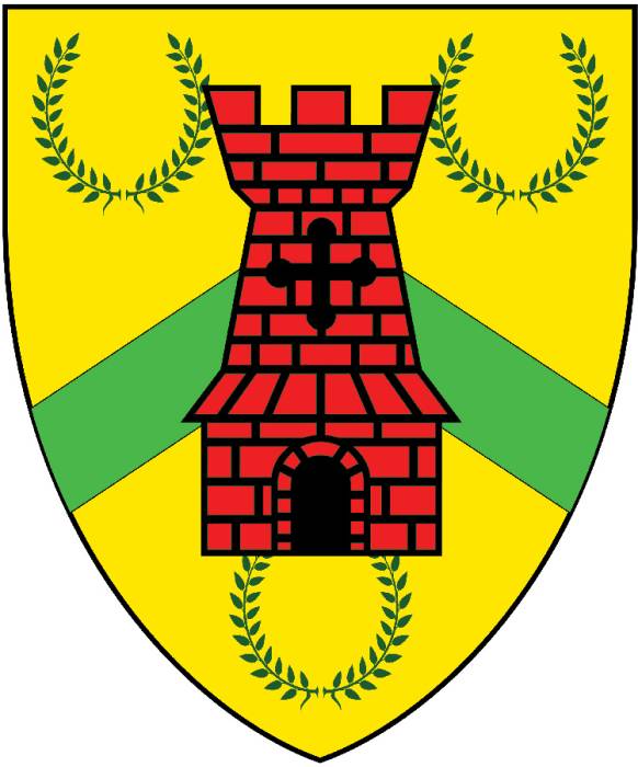 The arms of the Canton of Bryniau Tywynnog: 'Or, a chevron vert surmounted by a... The arms of the Canton of Bryniau Tywynnog: 'Or, a chevron vert surmounted by a...