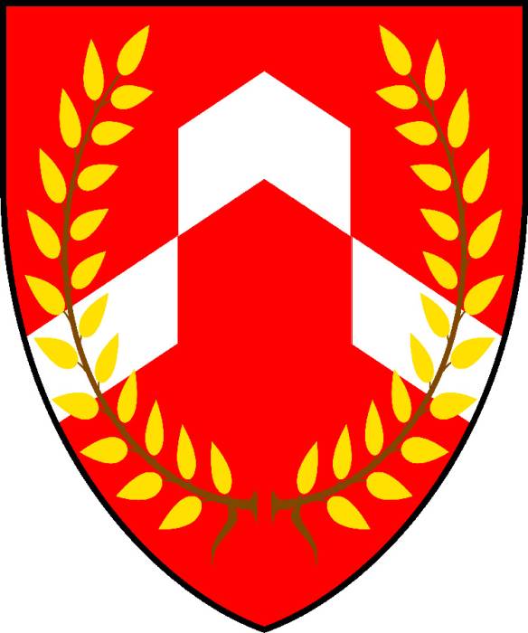 The arms of the Canton of Caldrithig: 'Gules, a chevron rompu argent overall a... The arms of the Canton of Caldrithig: 'Gules, a chevron rompu argent overall a...