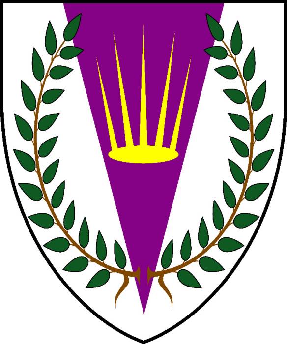 The arms of the Canton of Greyfells: 'Argent, on a pile purpure a sunburst Or,... The arms of the Canton of Greyfells: 'Argent, on a pile purpure a sunburst Or,...