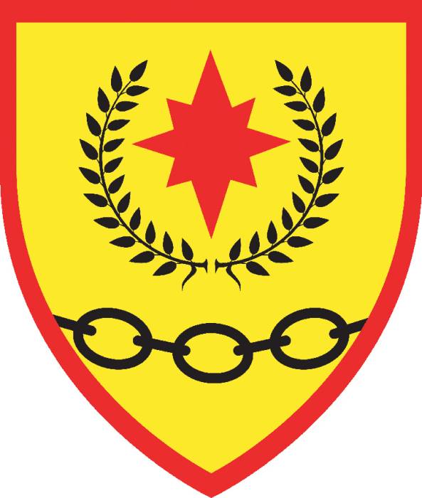 The arms of the Canton of Petrea Thule: 'Or, in pale a compass star gules within
a laurel wreath and a chain fesswise throughout embowed to base sable all within... The arms of the Canton of Petrea Thule: 'Or, in pale a compass star gules within
a laurel wreath and a chain fesswise throughout embowed to base sable all within...