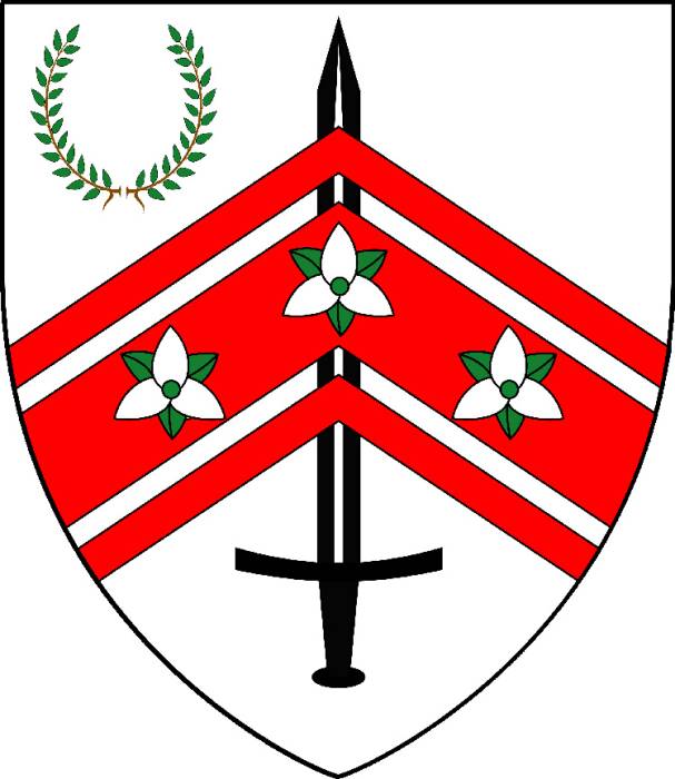 The arms of the Canton of Eoforwic: 'Argent, a sword sable debruised by a
chevron cotised gules bearing three trillium flowers argent, seeded Or, barbed... The arms of the Canton of Eoforwic: 'Argent, a sword sable debruised by a
chevron cotised gules bearing three trillium flowers argent, seeded Or, barbed...