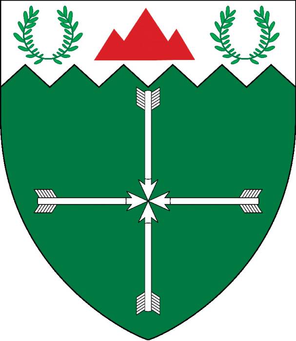 The arms of the Canton of Ardchreag: 'Vert, four arrows in cross points to
center, on a chief indented argent a mountain couped gules between two laurel...