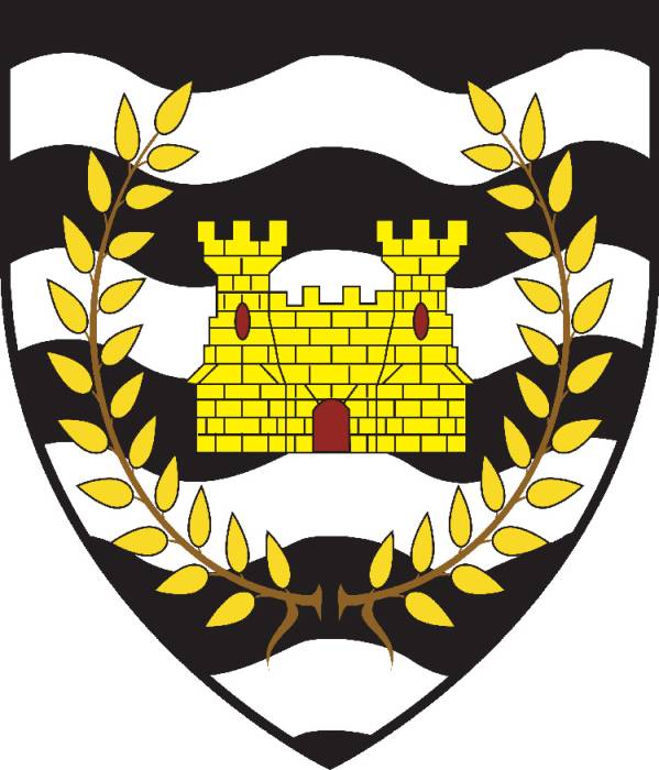 The arms of the Canton of Ben Dunfirth: 'Barry wavy argent and sable, a castle...