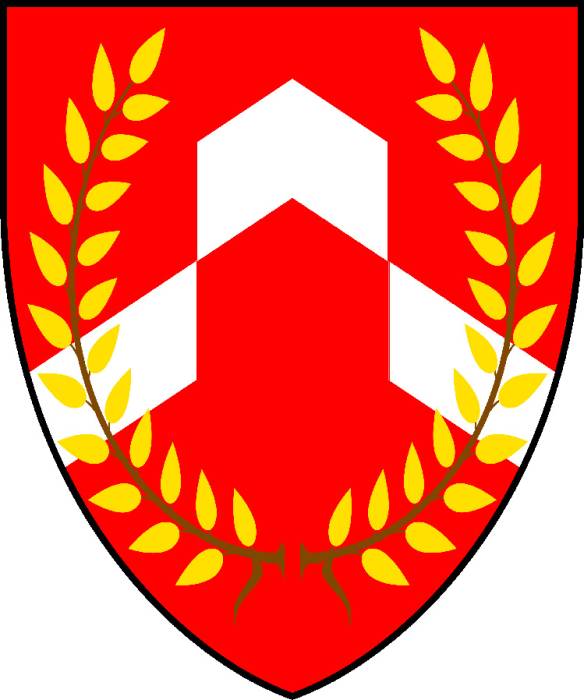 The arms of the Canton of Caldrithig: 'Gules, a chevron rompu argent overall a...