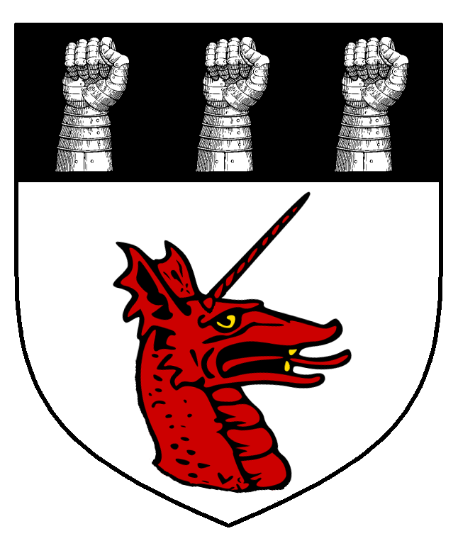 Arms: //Argent, a unicornate dragon's head contourny couped gules, on a chief sable three dexter gauntlets clenched argent.//